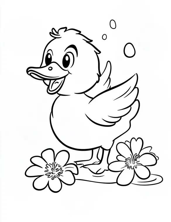Cheerful Baby Duck with Cherry Blossoms Coloring Page