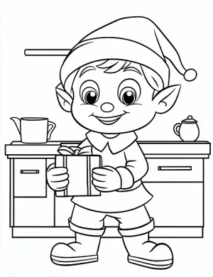 Cheerful Boy Elf with Christmas Gifts Coloring Page By Mindset Flow
