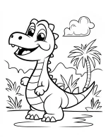 Cheerful Cartoon Dinosaur with Palm Trees Coloring Page