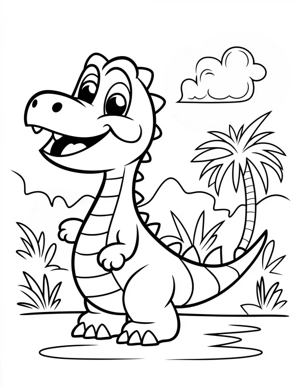 Cheerful Cartoon Dinosaur with Palm Trees Coloring Page