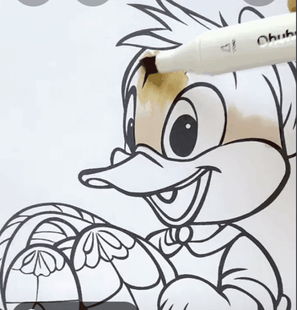 Cheerful Cartoon Duckling Holding Easter Basket Coloring Page-HowToVideo