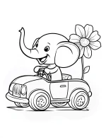 Cheerful Cartoon Elephant Driving Toy Car with Flower Adult Coloring Page