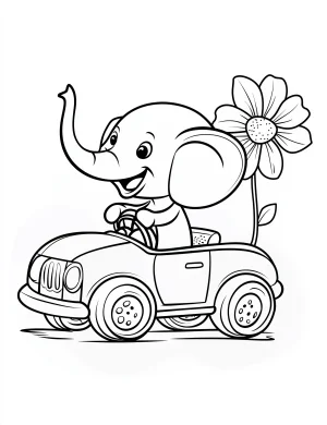 Cheerful Cartoon Elephant Driving Toy Car with Flower Adult Coloring Page