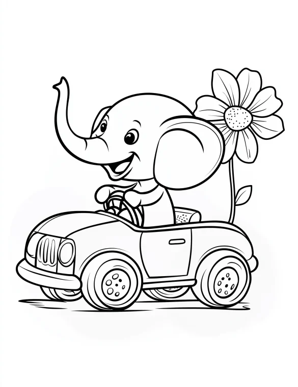 Cheerful Cartoon Elephant Driving Toy Car with Flower Adult Coloring Page