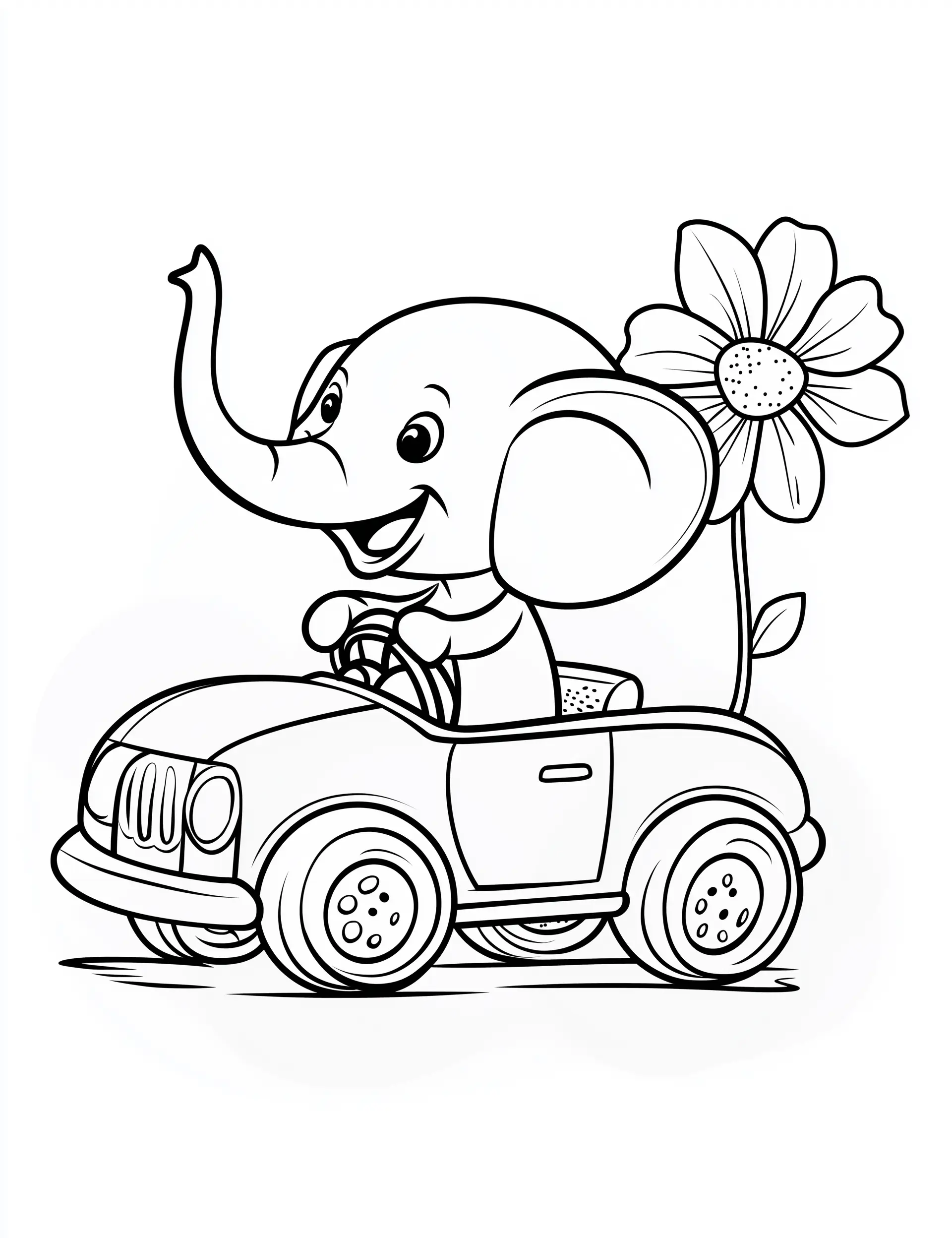 Cheerful Cartoon Elephant Driving Toy Car with Flower Adult Coloring Page