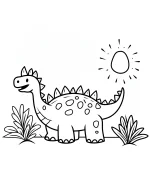 Cheerful Cartoon Stegosaurus Dinosaur with Sun and Plants Coloring Page