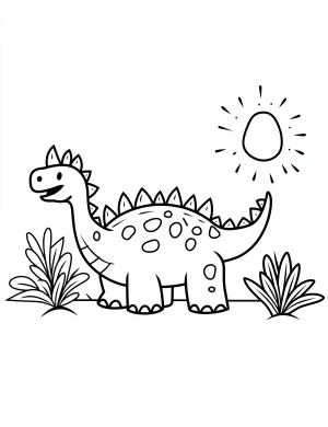 Cheerful Cartoon Stegosaurus Dinosaur with Sun and Plants Coloring Page