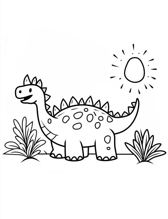 Cheerful Cartoon Stegosaurus Dinosaur with Sun and Plants Coloring Page