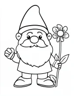 Cheerful Cartoon Style Gnome Holding Flower Coloring Page