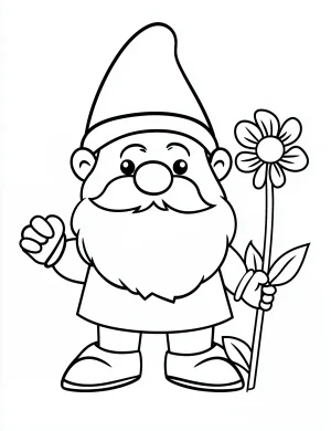 Cheerful Cartoon Style Gnome Holding Flower Coloring Page
