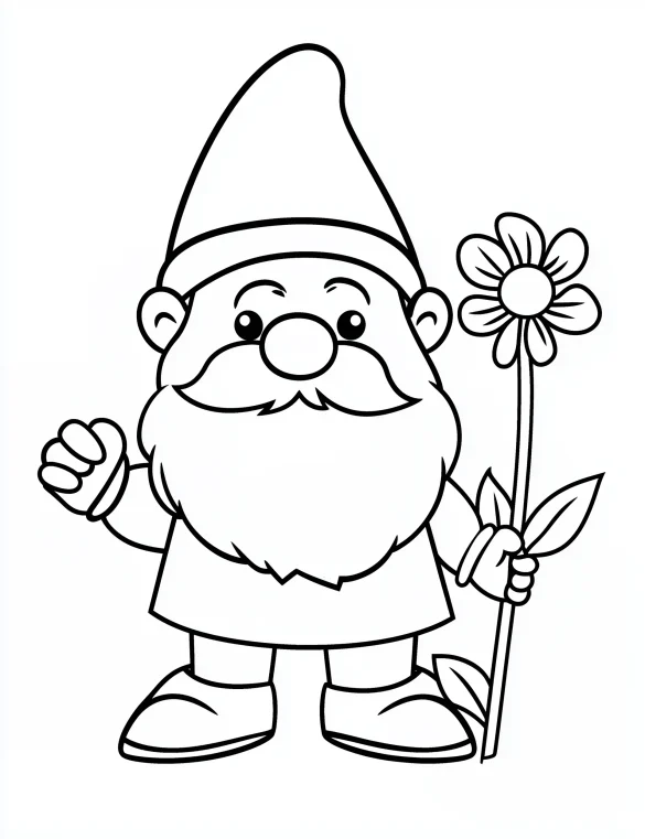Cheerful Cartoon Style Gnome Holding Flower Coloring Page