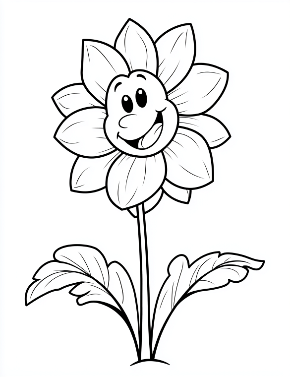 Cheerful Cartoon Sunflower With Smiling Face and Leaves Coloring Page by Mindset Flow