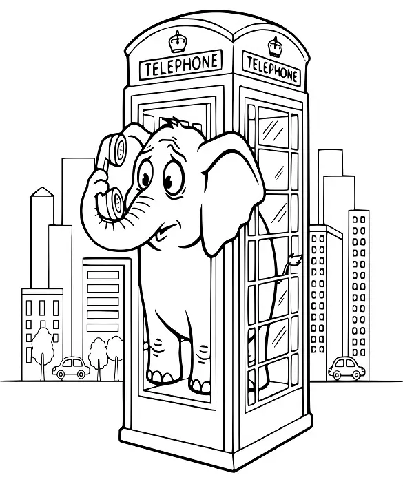 Cheerful Elephant in Phone Booth Coloring Page by Mindset Flow Cheerful Elephant in Phone Booth Coloring Page by Mindset Flow