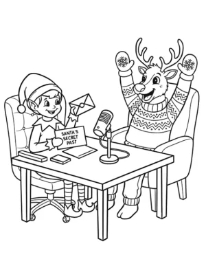 Cheerful Elf Podcasting with Reindeer Coloring Page By Mindset Flow