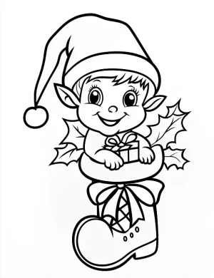 Cheerful Elf in a Giant Stocking Coloring Page by Mindset Flow