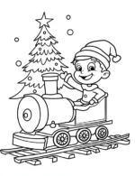 Cheerful Elf on Train by Christmas Tree Coloring Page By Mindset Flow