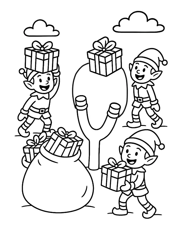 Cheerful Elves Launching Gifts Christmas Coloring Page By Mindset Flow Cheerful Elves Launching Gifts Christmas Coloring Page By Mindset Flow