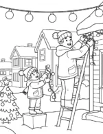 Cheerful Family Putting Up Christmas Lights Coloring Page