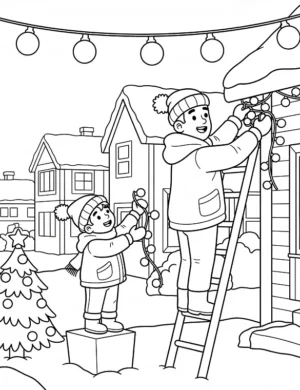 Cheerful Family Putting Up Christmas Lights Coloring Page