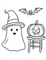Cheerful Ghost, Bat, and Pumpkin Halloween Scene Coloring Page by Mindset Flow