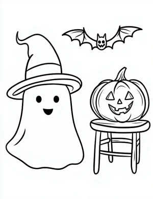 Cheerful Ghost, Bat, and Pumpkin Halloween Scene Coloring Page by Mindset Flow