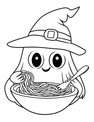 Cheerful Ghost Eating Spaghetti Halloween Coloring Page by Mindset Flow
