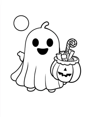 Cheerful Ghost with Candy Bucket Halloween Coloring Page by Mindset Flow