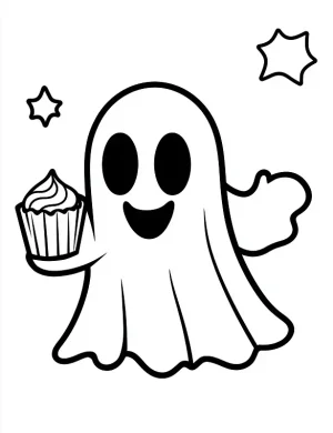 Cheerful Ghost with Cupcake Halloween Coloring Page by Mindset Flow