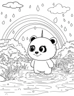 Cheerful Panda Unicorn Under Rainbow with Raindrops Coloring Page