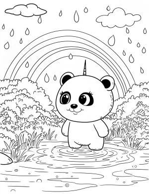 Cheerful Panda Unicorn Under Rainbow with Raindrops Coloring Page