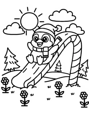 Cheerful Penguin Sliding a Candy Cane Coloring Page By Mindset Flow