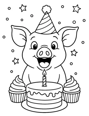 Cheerful Pig with Cake and Cupcakes Coloring Page by Mindset Flow