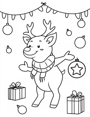 Cheerful Reindeer Dancing with Gifts Coloring Page By Mindset Flow