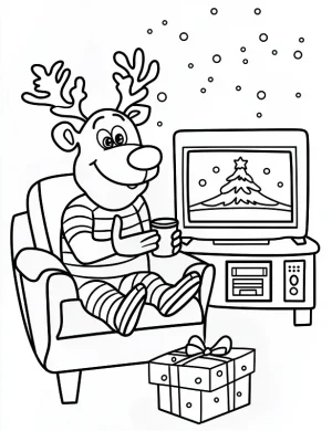 Cheerful Reindeer Watching TV Christmas Coloring Page By Mindset Flow