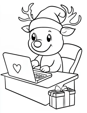 Cheerful Reindeer with Laptop and Gift Coloring Page by Mindset Flow