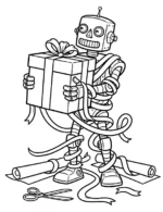 Cheerful Robot Wrapping Gift Christmas Coloring Page By Mindset Flow