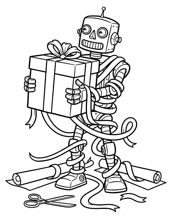 Cheerful Robot Wrapping Gift Christmas Coloring Page By Mindset Flow Cheerful Robot Wrapping Gift Christmas Coloring Page By Mindset Flow