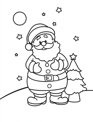 Cheerful Santa Claus with Christmas Tree Coloring Page by Mindset Flow