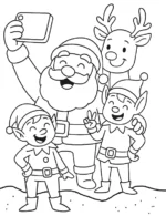 Cheerful Santa Selfie with Elves and Reindeer Coloring Page By Mindset Flow