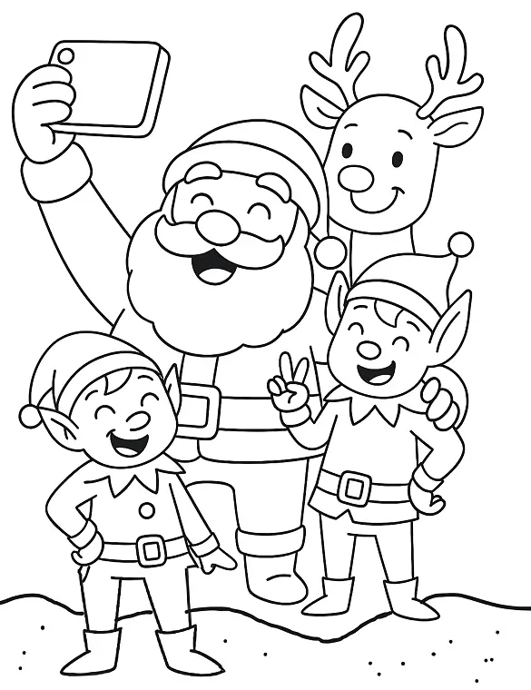 Cheerful Santa Selfie with Elves and Reindeer Coloring Page By Mindset Flow Cheerful Santa Selfie with Elves and Reindeer Coloring Page By Mindset Flow