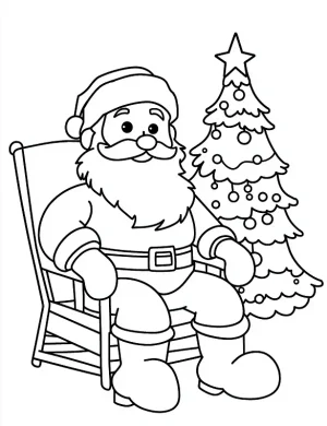 Cheerful Santa Sitting by Christmas Tree Coloring Page by Mindset Flow