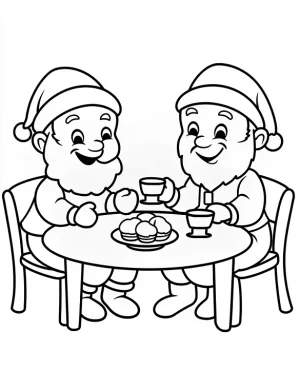 Cheerful Santa and Friend Enjoying Cupcakes Coloring Page by Mindset Flow