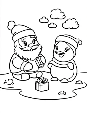 Cheerful Santa and Penguin with Gift Coloring Page by Mindset Flow