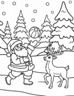 Cheerful Santa and Reindeer in Snowy Forest Coloring Page By Mindset Flow