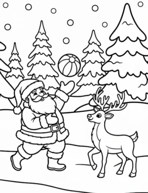 Cheerful Santa and Reindeer in Snowy Forest Coloring Page By Mindset Flow