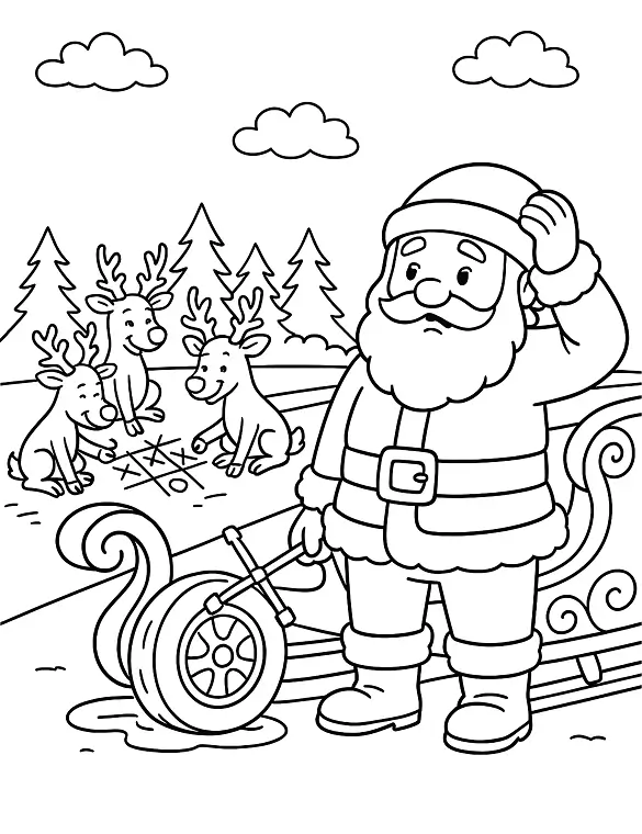 Cheerful Santa with Broken Sleigh and Reindeer Coloring Page By Mindset Flow Cheerful Santa with Broken Sleigh and Reindeer Coloring Page By Mindset Flow
