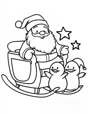 Cheerful Santa with Penguins in Sleigh Coloring Page By Mindset Flow
