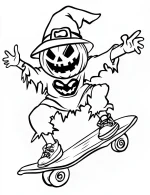 Cheerful Scarecrow on Roller Skates Halloween Coloring Page by Mindset Flow