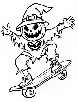 Cheerful Scarecrow on Roller Skates Halloween Coloring Page by Mindset Flow