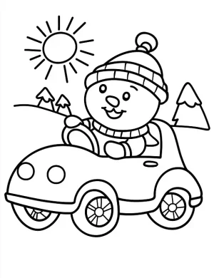 Cheerful Snowman Driving Cartoon Car Coloring Page by Mindset Flow